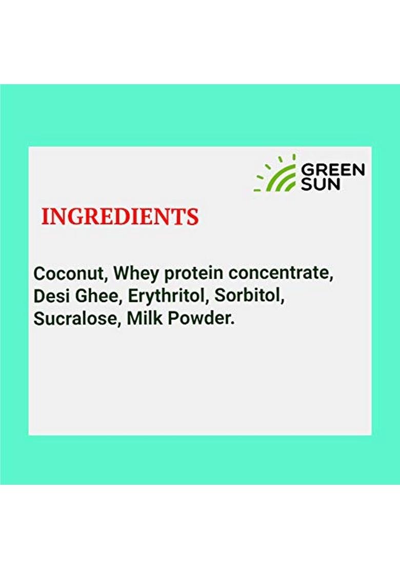 Green Sun Low Carb Coconut Barfi | 200 g 0.8 Net Per Keto Friendly| Sugar Free Guilt Sweet Tasty Diet Burfi Desi Ghee |Fresh Nariyal