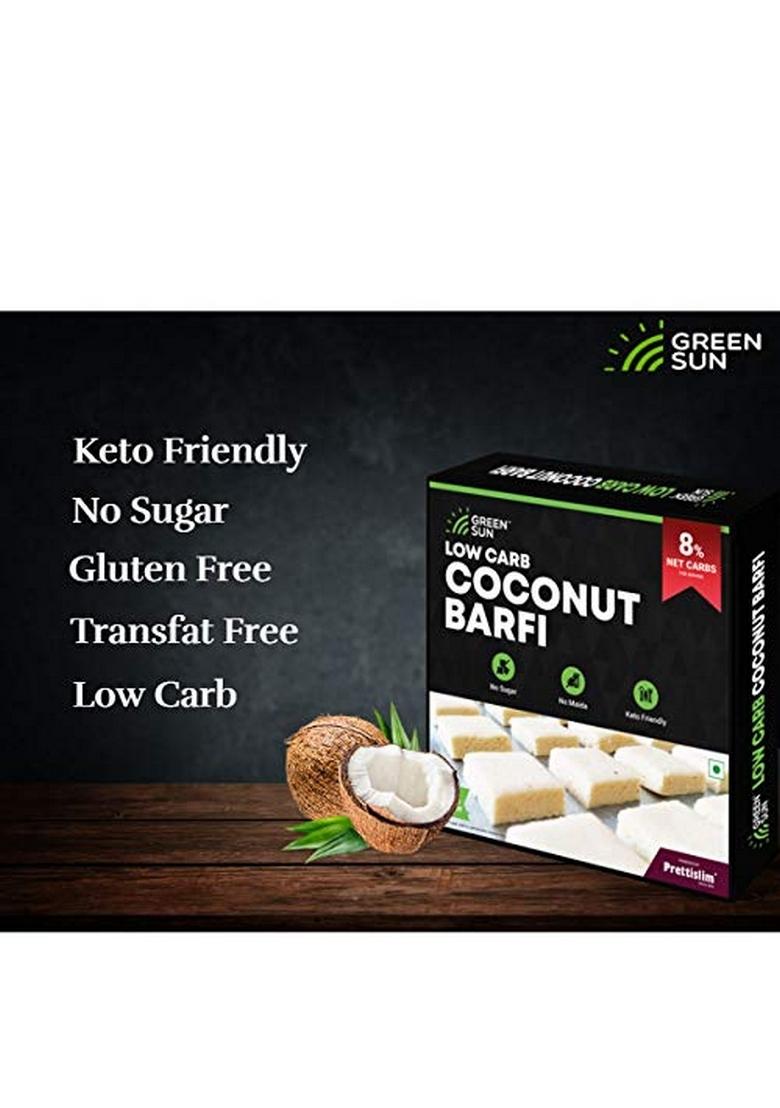 Green Sun Low Carb Coconut Barfi | 200 g 0.8 Net Per Keto Friendly| Sugar Free Guilt Sweet Tasty Diet Burfi Desi Ghee |Fresh Nariyal