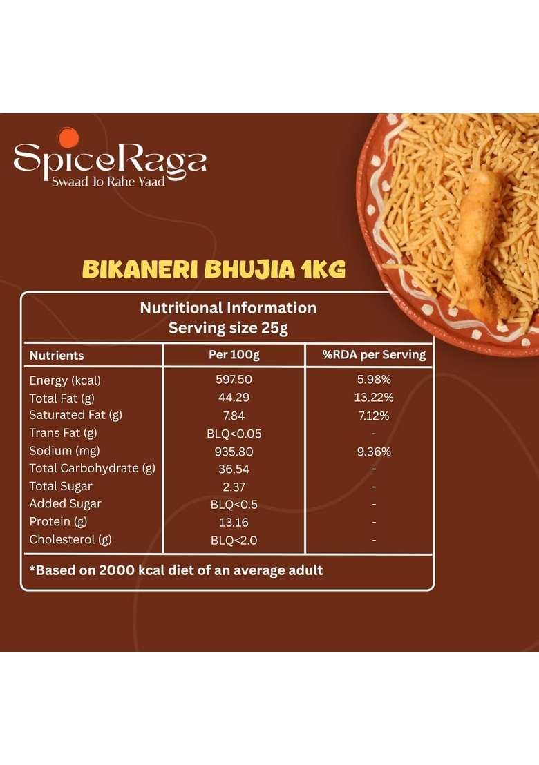 SPICERAGA Bikaneri Bhujia 1Kg | No Palm Oil Pure Groundnut Trans Fat Crispy & Spicy Teatime Snack Healthy Namkeen Moti Sev 100% Natural Ingredients 1000g Traditional snacks - Indya
