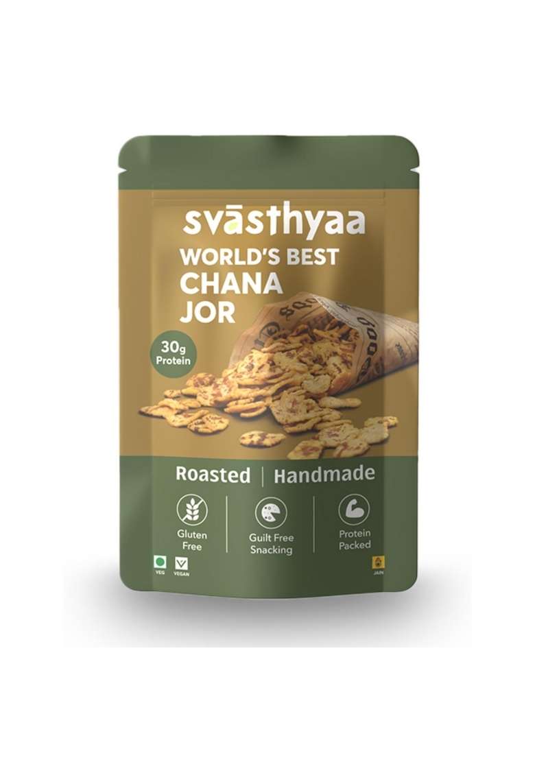 SVASTHYAA - Chana Jor Garam 220gm Roasted Chanachur Namkeen, Healthy Snacks No Palm Oil Certified Organic Chana, Sea Salt, Rock Hing, Sunflower (used for spraying masala) Pack of 1 - Indya