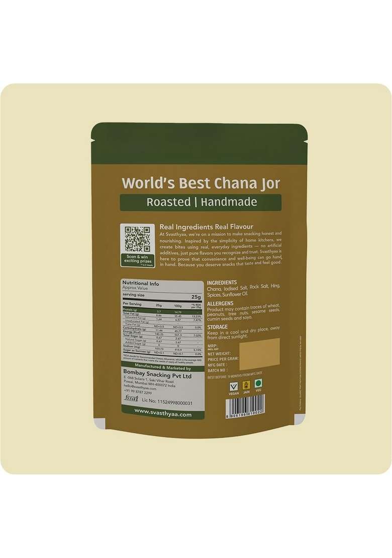SVASTHYAA - Chana Jor Garam 220gm Roasted Chanachur Namkeen, Healthy Snacks No Palm Oil Certified Organic Chana, Sea Salt, Rock Hing, Sunflower (used for spraying masala) Pack of 1 - Indya