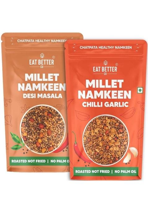 EAT BETTER CO - Millet Namkeen Combo Chilli Garlic & Desi Masala Healthy Snacks Roasted, Not Fried | No Palm Oil Replacement of Chips Bhujia Pack Two 200 grams