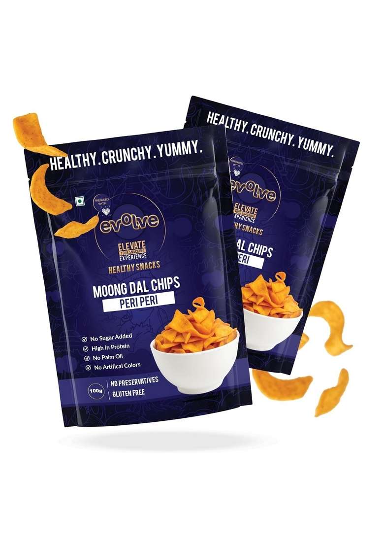 Evolve Moong Dal Chips Healthy Snacks | Roasted, Gluten Free Snacks, No Palm Oil & Artifical colors, Snack, Peri Flavor - 100gm Pack of 2 - Indya