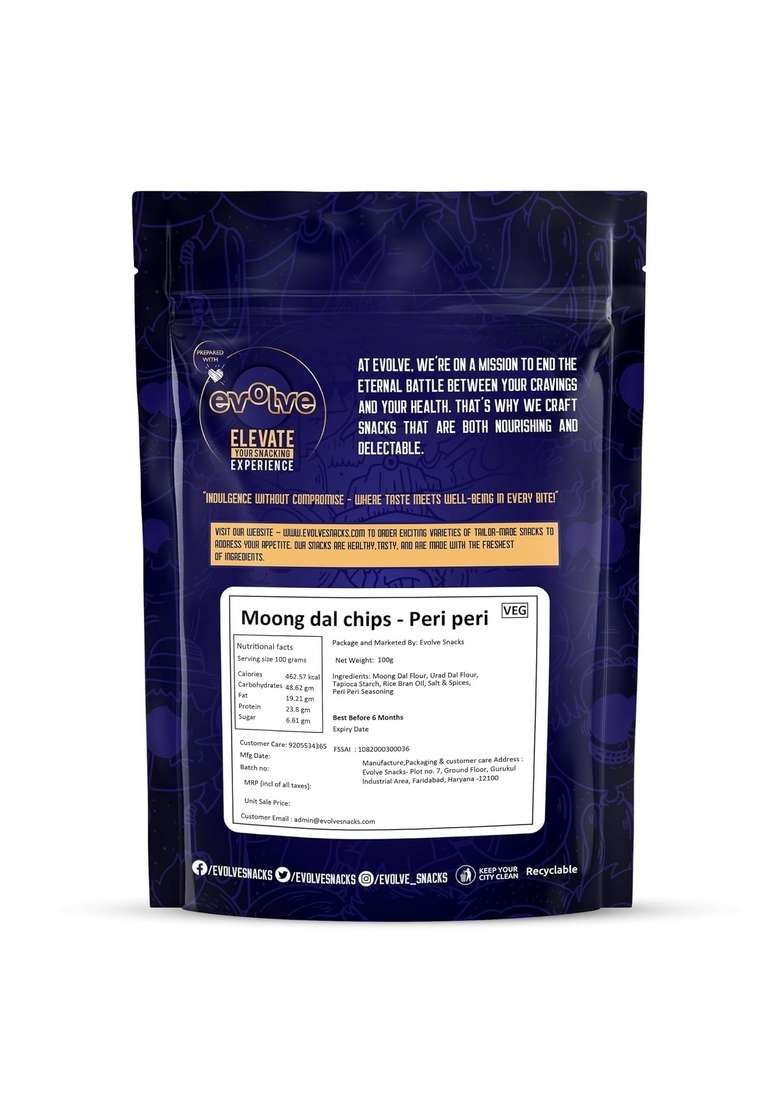 Evolve Moong Dal Chips Healthy Snacks | Roasted, Gluten Free Snacks, No Palm Oil & Artifical colors, Snack, Peri Flavor - 100gm Pack of 2 - Indya