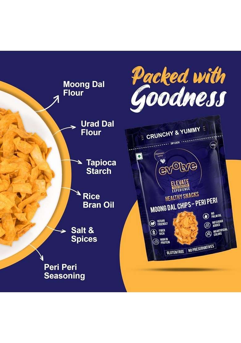 Evolve Moong Dal Chips Healthy Snacks | Roasted, Gluten Free Snacks, No Palm Oil & Artifical colors, Snack, Peri Flavor - 100gm Pack of 2 - Indya
