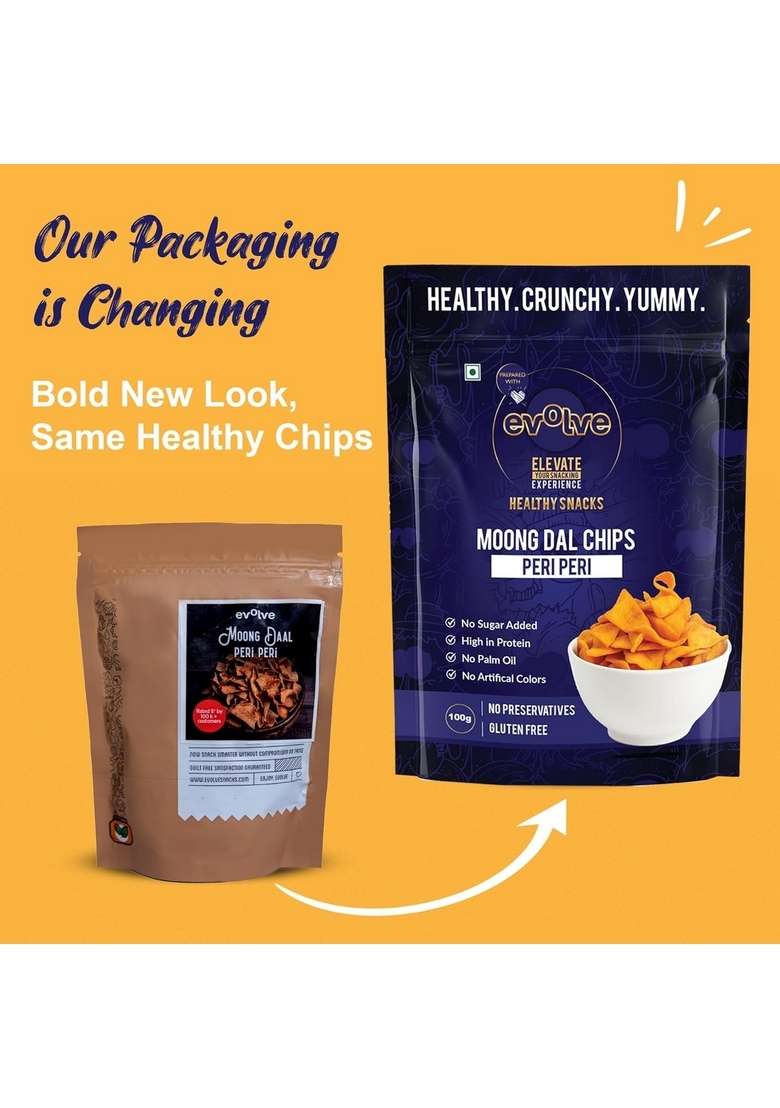 Evolve Moong Dal Chips Healthy Snacks | Roasted, Gluten Free Snacks, No Palm Oil & Artifical colors, Snack, Peri Flavor - 100gm Pack of 2 - Indya