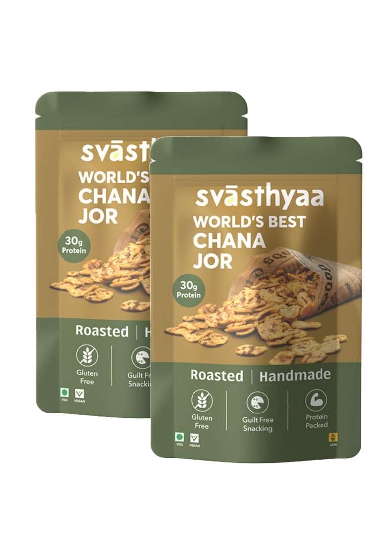 SVASTHYAA - Chana Jor Garam 220gm Roasted Chanachur Namkeen, Healthy Snacks No Palm Oil Certified Organic Chana, Sea Salt, Rock Hing, Sunflower (used for spraying masala) Pack of 2 - Indya