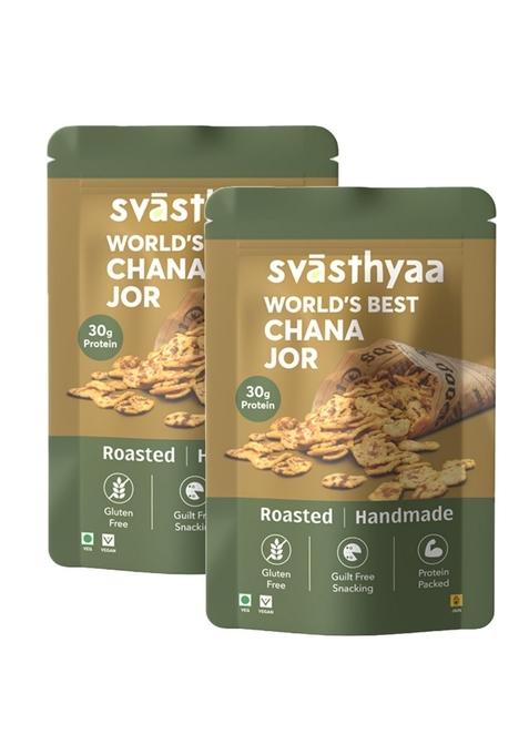 SVASTHYAA - Chana Jor Garam 220gm Roasted Chanachur Namkeen, Healthy Snacks No Palm Oil Certified Organic Chana, Sea Salt, Rock Hing, Sunflower (used for spraying masala) Pack of 2