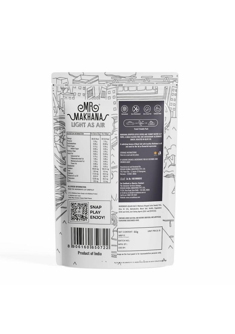 MR. MAKHANA Roasted and Foxnuts | Healthy Snacks Gluten Free MSG Antioxidant Rich Calcium Zero Trans Fat cholesterol (Black Salt) 55g