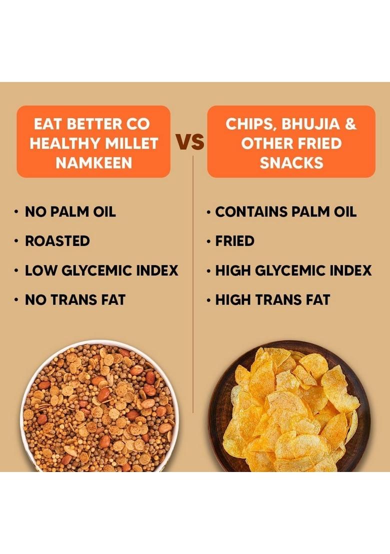 EAT BETTER CO Millet Namkeen Chilli Garlic Chatpata, Healthy Snack Roasted, Not Fried | No Palm Oil Replacement of Chips & Bhujia 100 grams