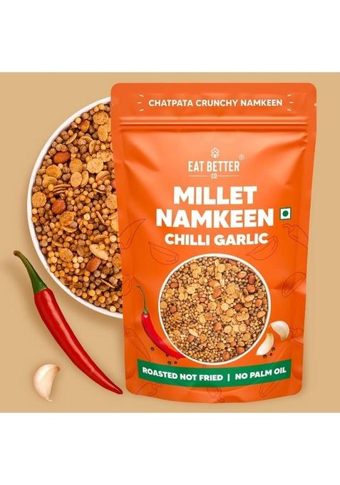 EAT BETTER CO Millet Namkeen Chilli Garlic Chatpata, Healthy Snack Roasted, Not Fried | No Palm Oil Replacement of Chips & Bhujia 100 grams