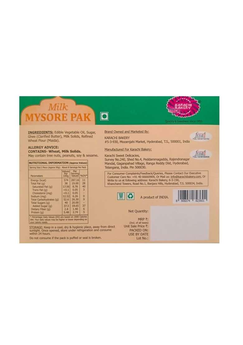 Karachi Bakery Mysore Pak, 400g | Indian Mithai Classic Flavour Melts in Mouth - Indya