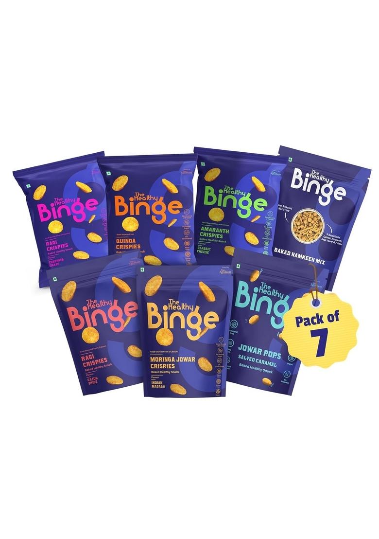 The Healthy Binge Binge| Try Them All Pack| Baked not Fried Chips| As seen on Shark Tank India| Snacks| 0% Cholesterol| High Protein & Fiber | No MSG| Pack of 7