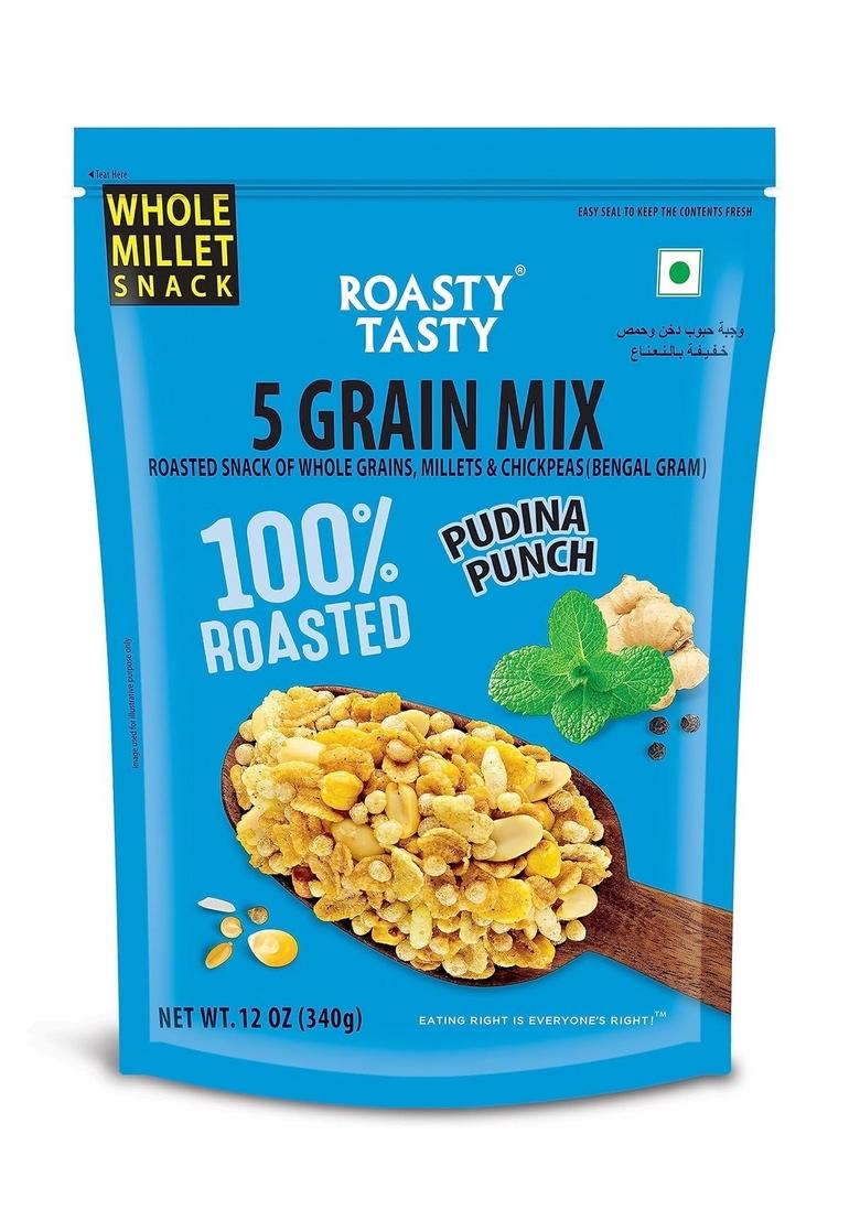 Roasty Tasty 5 Grain Mix Multigrain Mixture Roasted Snack 340g | Healthy Palm Oil Free Namkeen Ideal Millet for Kids & Adults Low Calorie Snacks