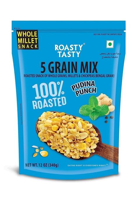 Roasty Tasty 5 Grain Mix Multigrain Mixture Roasted Snack 340g | Healthy Palm Oil Free Namkeen Ideal Millet for Kids & Adults Low Calorie Snacks