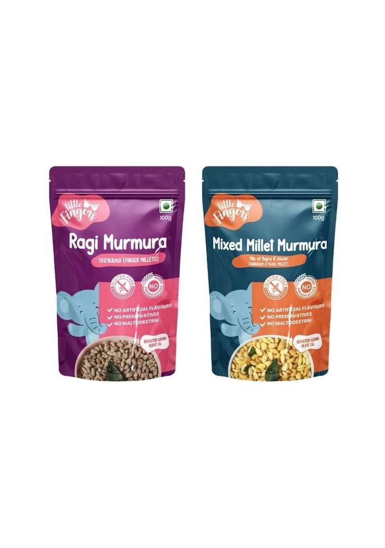 LITTLEFINGERS Little Fingers Organic Millet Based Healthy Roasted Gluten Free Puffs High In Fiber Assorted Snack For Kids - Ragi Murmra And Mixed Murmra, 200 Grams X 2 - Indya