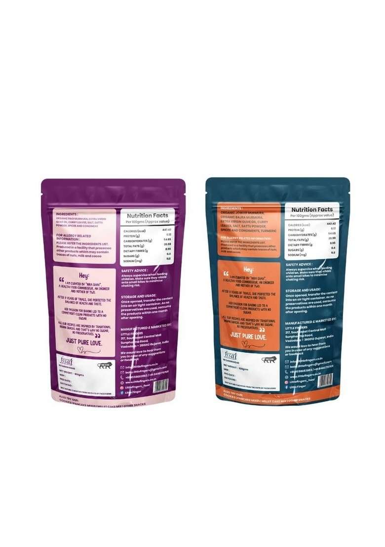 LITTLEFINGERS Little Fingers Organic Millet Based Healthy Roasted Gluten Free Puffs High In Fiber Assorted Snack For Kids - Ragi Murmra And Mixed Murmra, 200 Grams X 2 - Indya