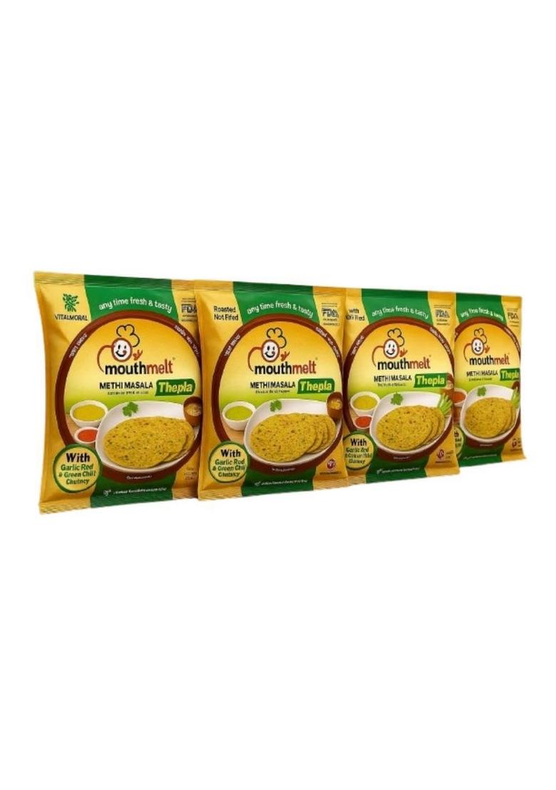 Mouthmelt Methi Masala Soft Thepla Pack of 4 | Ready to Eat,Rosted, Not Fried with Garlic & Ginger 3 Month Shelf Life- Free Green Chutney