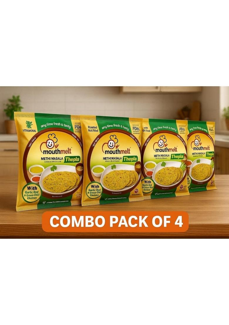 Mouthmelt Methi Masala Soft Thepla Pack of 4 | Ready to Eat,Rosted, Not Fried with Garlic & Ginger 3 Month Shelf Life- Free Green Chutney