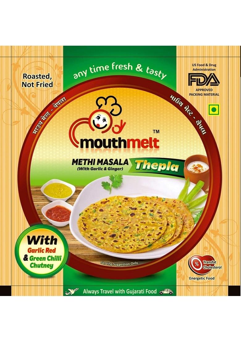 Mouthmelt Methi Masala Soft Thepla Pack of 4 | Ready to Eat,Rosted, Not Fried with Garlic & Ginger 3 Month Shelf Life- Free Green Chutney