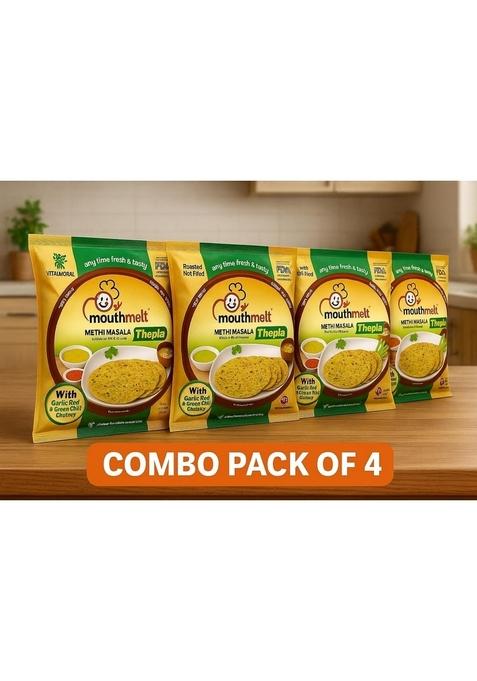 Mouthmelt Methi Masala Soft Thepla Pack of 4 | Ready to Eat,Rosted, Not Fried with Garlic & Ginger 3 Month Shelf Life- Free Green Chutney