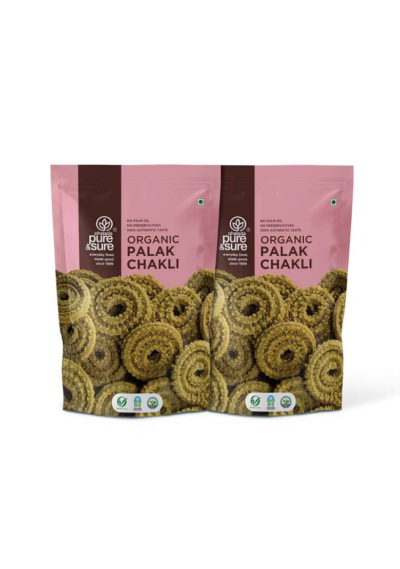 Phalada Pure & Sure Organic Palak Chakli-240gm | Delicious Crunchy Namkeen Snacks Ready to Eat Tea Time Snacks, Cholesterol Free, No Trans Fats, Preservatives| 120gm each (Pack of 2) - Indya