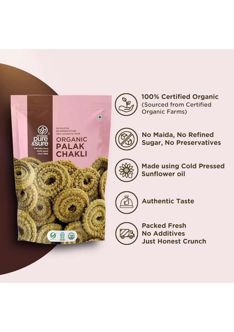Phalada Pure & Sure Organic Palak Chakli-240gm | Delicious Crunchy Namkeen Snacks Ready to Eat Tea Time Snacks, Cholesterol Free, No Trans Fats, Preservatives| 120gm each (Pack of 2) - Indya