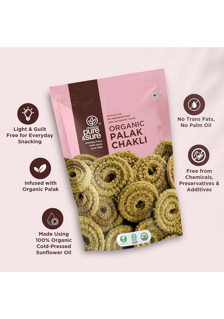 Phalada Pure & Sure Organic Palak Chakli-240gm | Delicious Crunchy Namkeen Snacks Ready to Eat Tea Time Snacks, Cholesterol Free, No Trans Fats, Preservatives| 120gm each (Pack of 2) - Indya