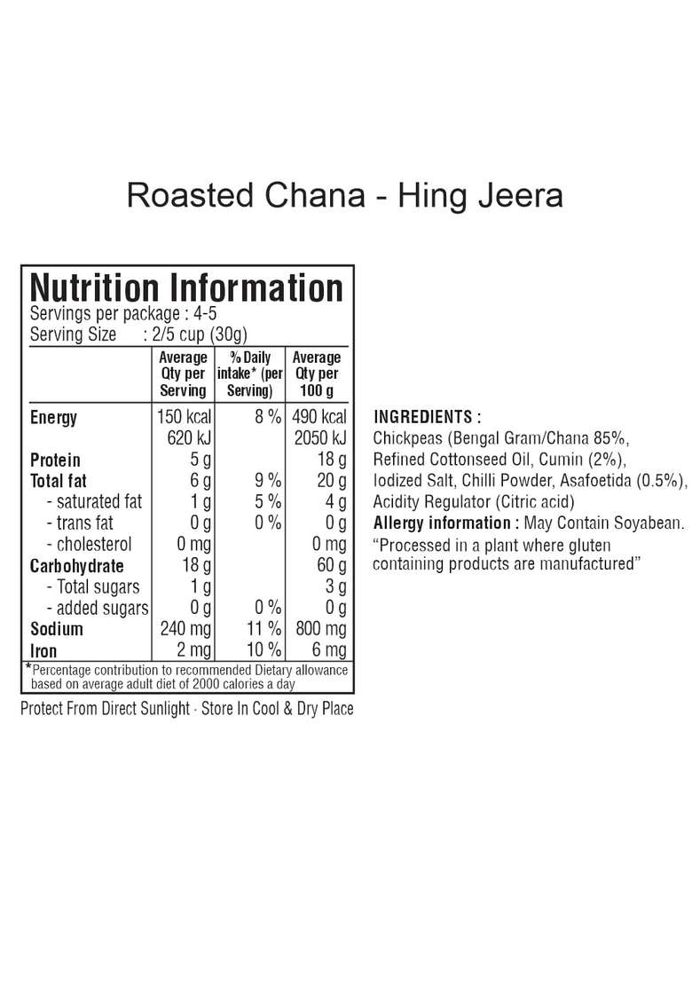 Jabsons Roasted Chana Hing jeera, 150gm | 100% No Onion Garlic Desi Namkeen Snacks Gluten-Free Crunchy Protein Bhuna Chickpeas Ready to Eat - Indya