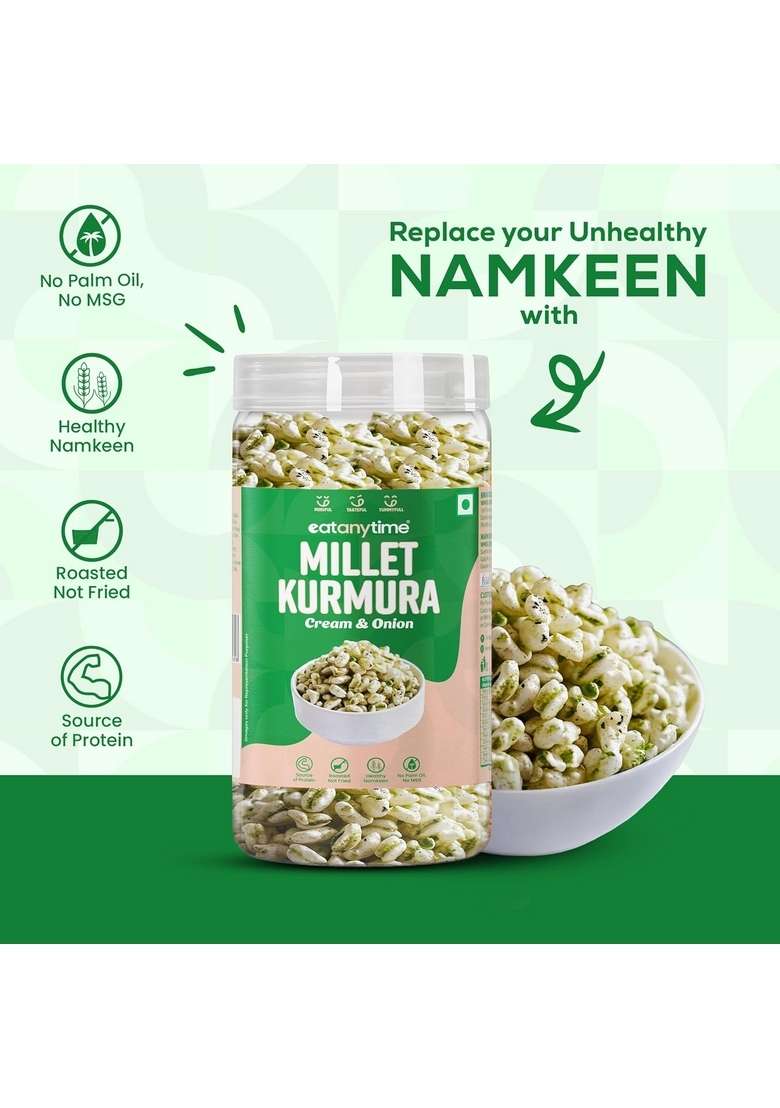EAT Anytime Premium Creamy & Onion Millet Kurmura | Healthy Snacking Alternative Made with Nutritious High In Fiber Gluten Free Snacks for Adults Kids - 125gm(Pack of 1) - Indya