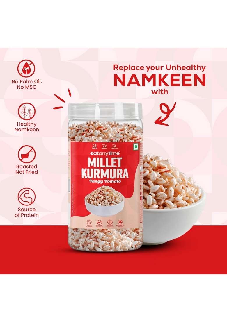 EAT Anytime Tangy Tomato Millet Kurmura | Crunchy Flavorful Snack Zesty Taste Made with Nutritious Millets High In Fiber & Protein Gluten-Free Perfect for Healthy Snacking (Pack of 1) - Indya