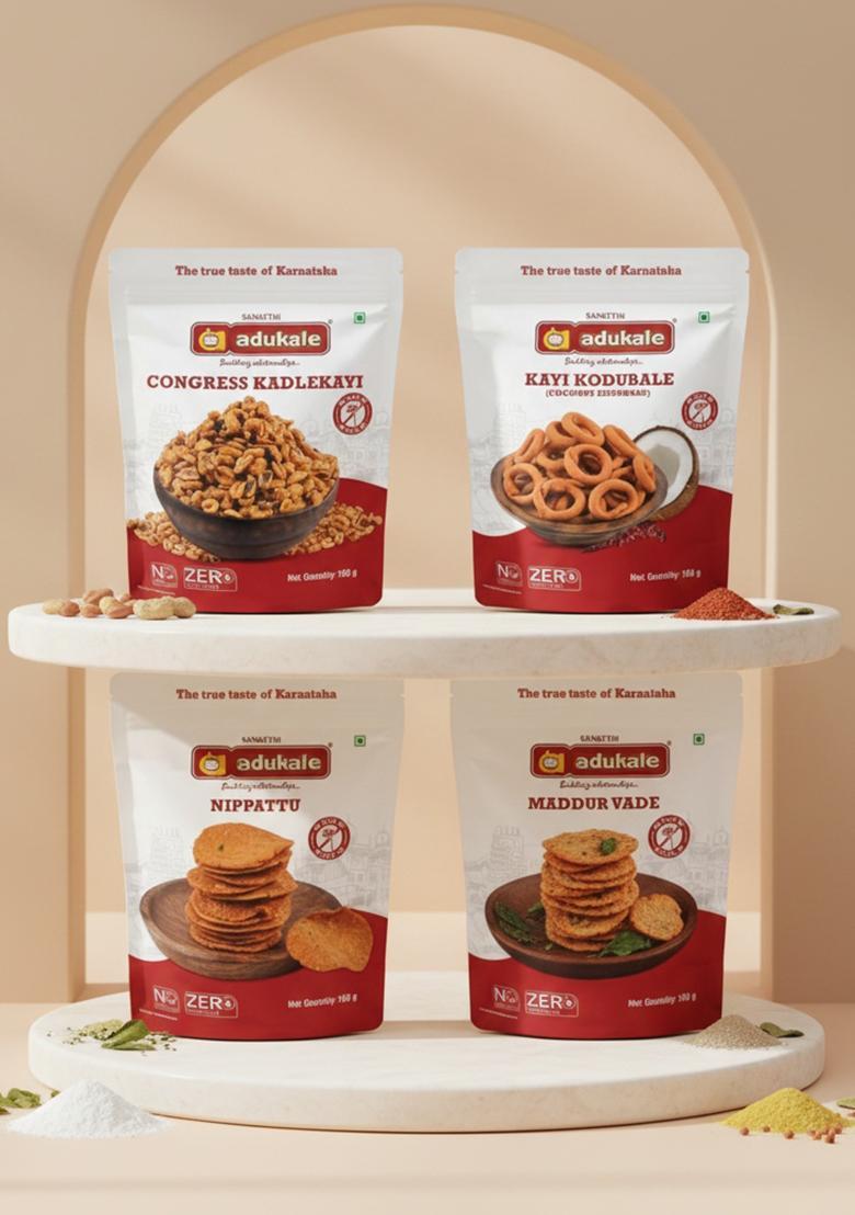 Adukale Traditional South Indian Snacks Combo | Congress Kadlekayi (Peanuts)+ Kodubale + Nippattu Maddur Vade Set of 4 Packs No Palm Oil