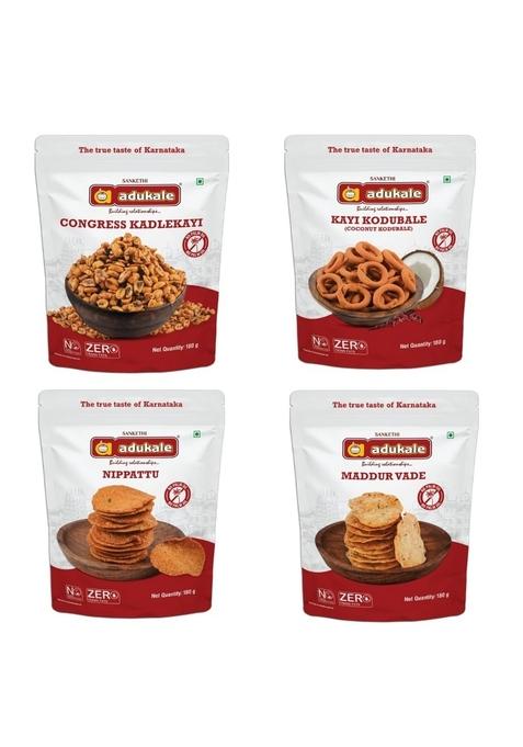 Adukale Traditional South Indian Snacks Combo | Congress Kadlekayi (Peanuts)+ Kodubale + Nippattu Maddur Vade Set of 4 Packs No Palm Oil