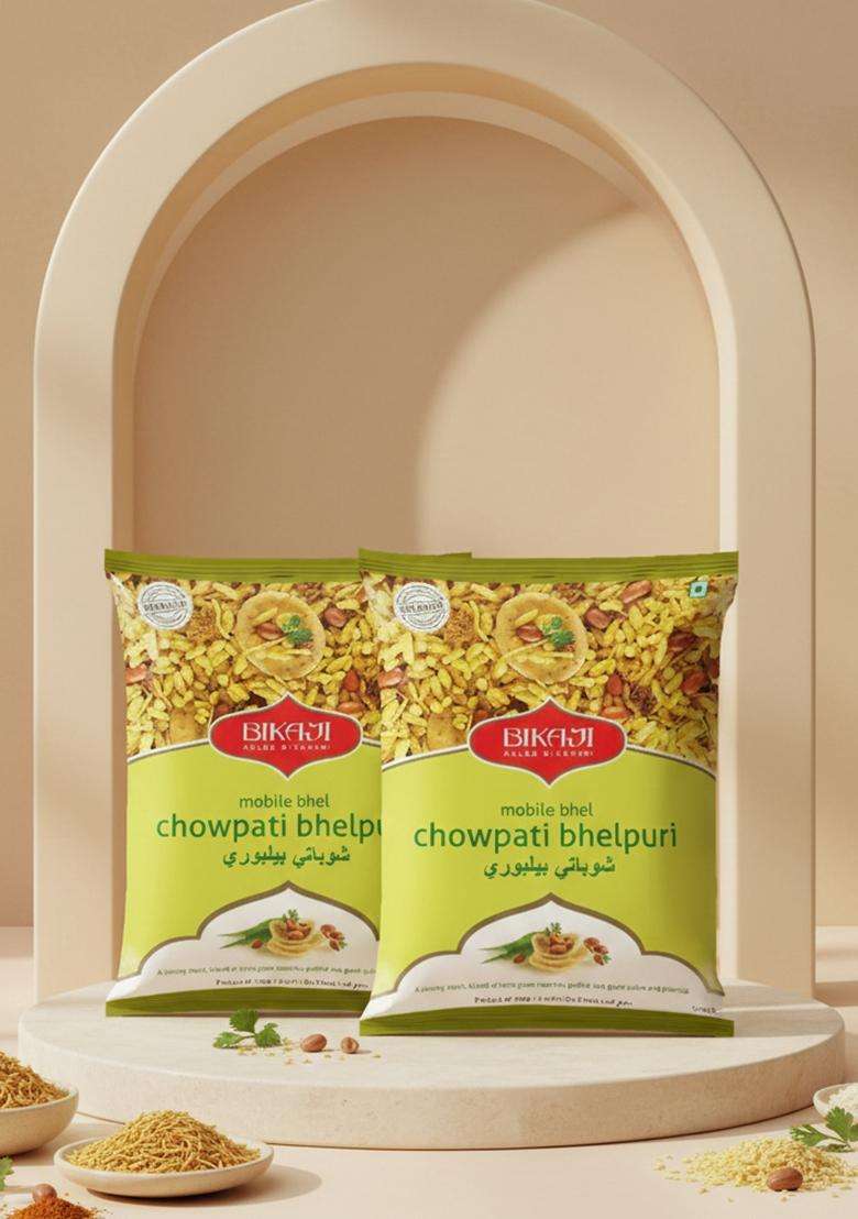 Bikaji crispy crunchy 100% vegetarian Chowpati bhelpuri open mix &eat now bhel (pack of 2pcs ) each pack 300 grm - Indya