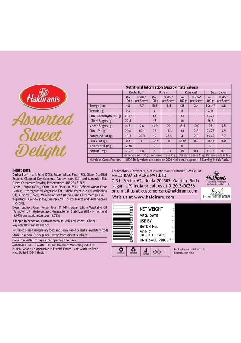 Haldirams Assorted Sweet Delight 450g, Savour The Variety of Indian Sweets (Contains Kaju Katli, Dodha Burfi, Patisa, Besan Ladoo)