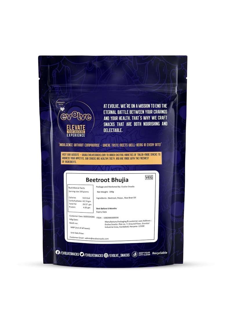 Evolve Beetroot Bhujia, Namkeen - Organic, Guilt Free Munching, Fresh Crunchy Snacks, No Palm Oil or Artificial Colors, Ready to Eat, Masala Flavor 100g - Indya