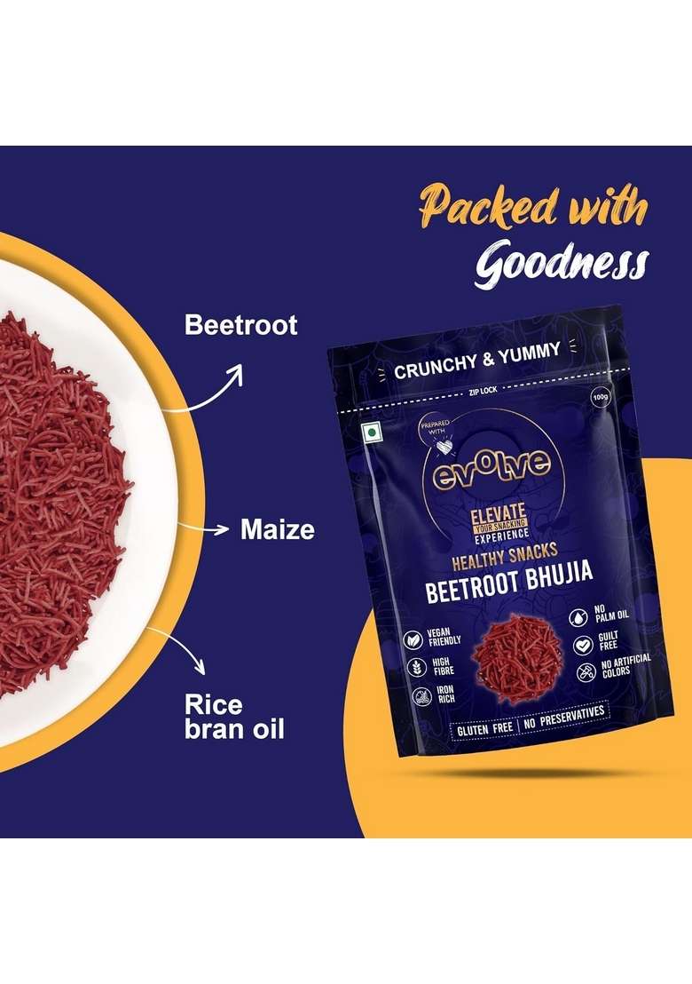 Evolve Beetroot Bhujia, Namkeen - Organic, Guilt Free Munching, Fresh Crunchy Snacks, No Palm Oil or Artificial Colors, Ready to Eat, Masala Flavor 100g - Indya