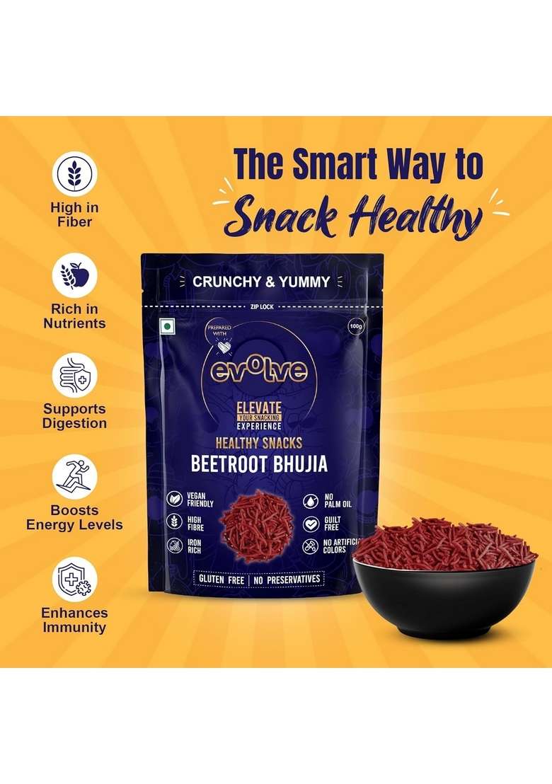 Evolve Beetroot Bhujia, Namkeen - Organic, Guilt Free Munching, Fresh Crunchy Snacks, No Palm Oil or Artificial Colors, Ready to Eat, Masala Flavor 100g - Indya