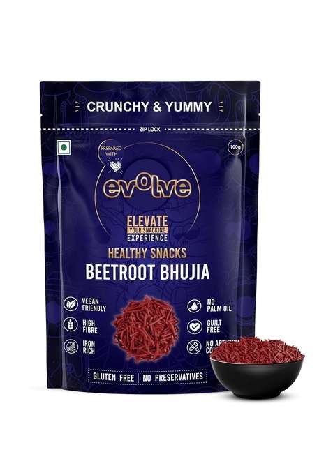Evolve Beetroot Bhujia, Namkeen - Organic, Guilt Free Munching, Fresh Crunchy Snacks, No Palm Oil or Artificial Colors, Ready to Eat, Masala Flavor 100g