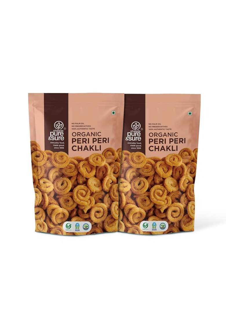 Phalada Pure & Sure Organic Peri Chakli Snack 300gm | Delicious Crunchy Namkeen Snacks Ready to Eat Tea Time Snacks, Cholesterol Free, No Trans Fats, Preservatives| 150gm each (Pack of 2) - Indya