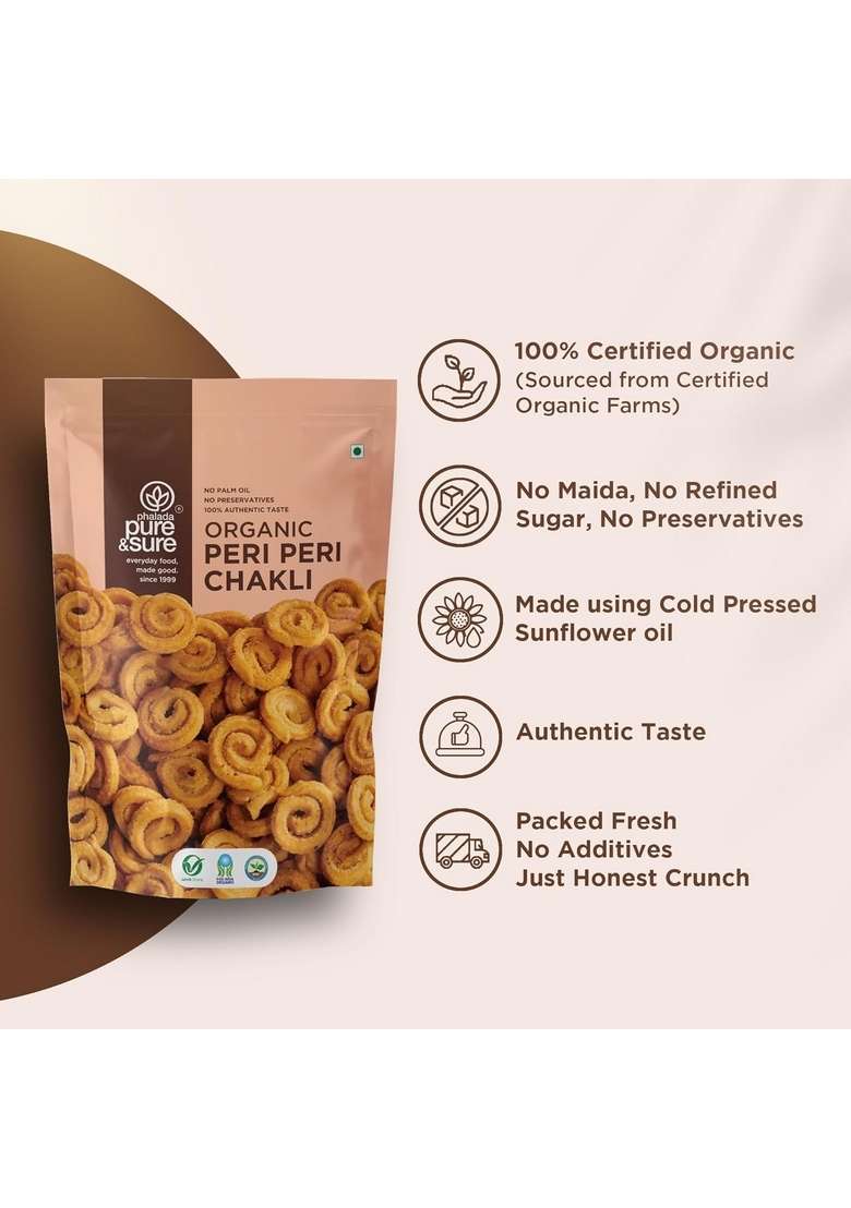 Phalada Pure & Sure Organic Peri Chakli Snack 300gm | Delicious Crunchy Namkeen Snacks Ready to Eat Tea Time Snacks, Cholesterol Free, No Trans Fats, Preservatives| 150gm each (Pack of 2) - Indya