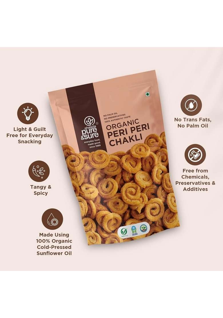 Phalada Pure & Sure Organic Peri Chakli Snack 300gm | Delicious Crunchy Namkeen Snacks Ready to Eat Tea Time Snacks, Cholesterol Free, No Trans Fats, Preservatives| 150gm each (Pack of 2) - Indya