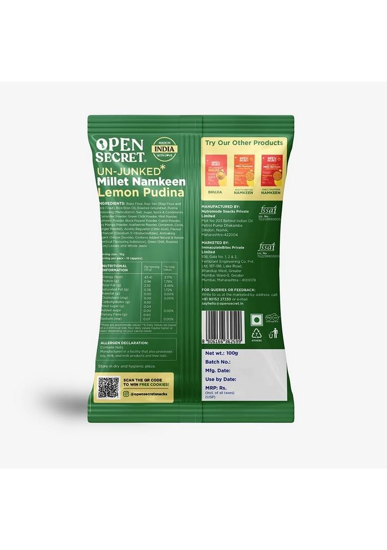 Open Secret Millet Namkeen Lemon Pudina | Baked Healthy Snack High Fiber, Protein 100g
