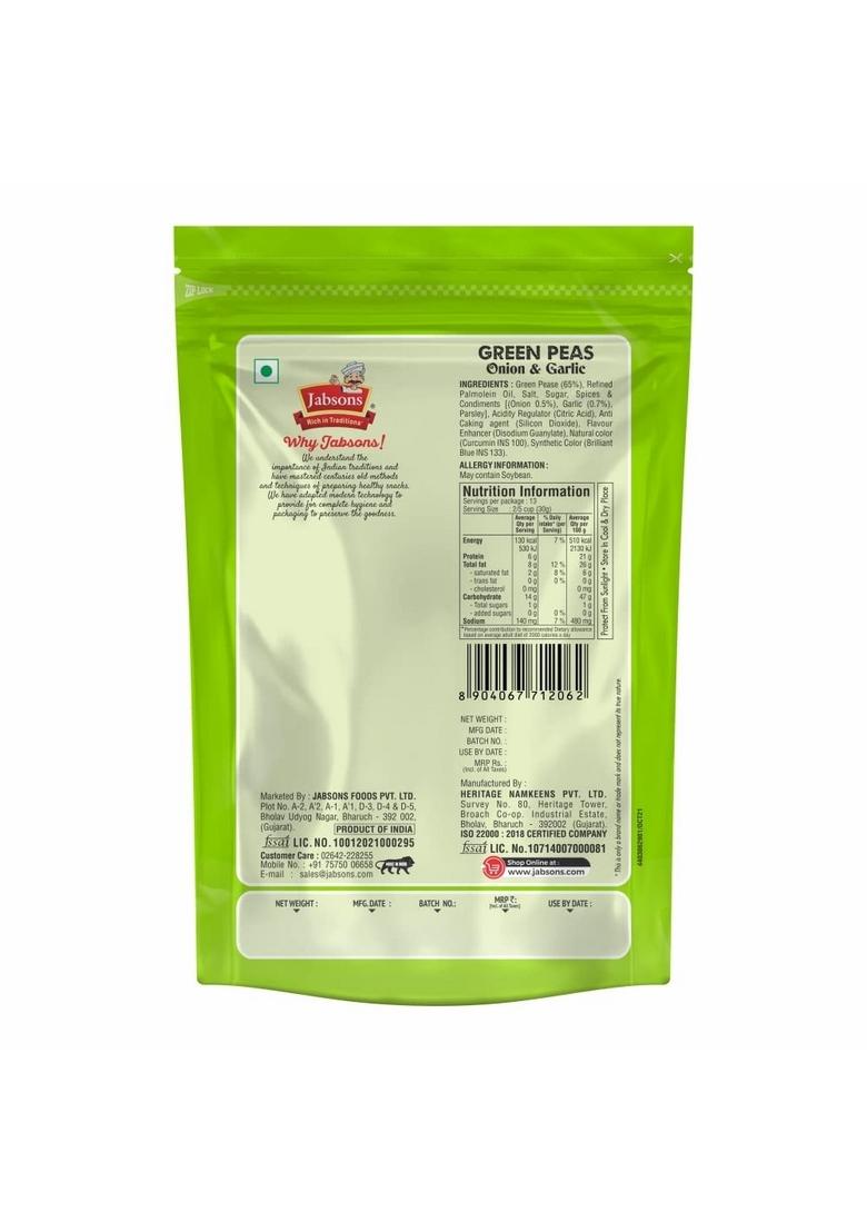 Jabsons Green Peas Onion & Garlic, 400g | Crispy Matar Namkeen Snack Spicy Garlic Mixture Ready to Eat Roasted Party for All Ages