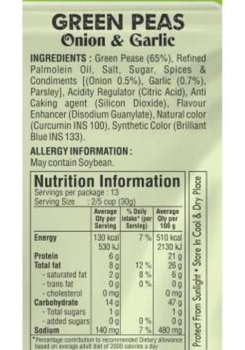 Jabsons Green Peas Onion & Garlic, 400g | Crispy Matar Namkeen Snack Spicy Garlic Mixture Ready to Eat Roasted Party for All Ages