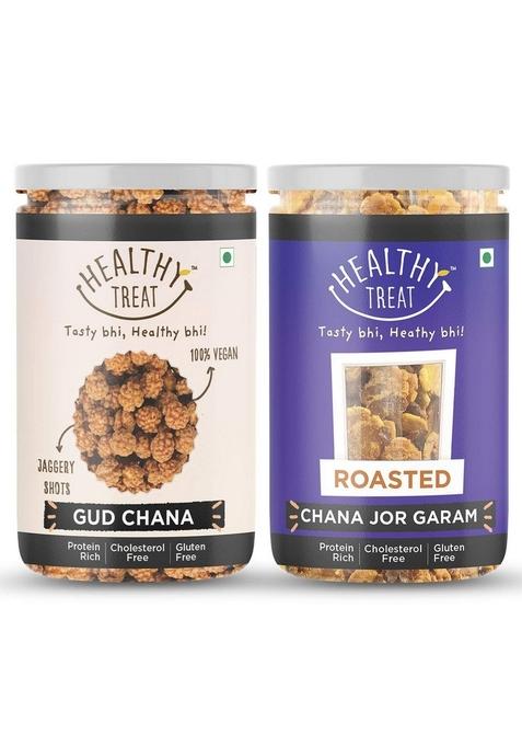 Healthy Treat Gur Chana and Roasted JOR Garam Combo 400 gm (Pack of 2, Each 200 gm) | Oil-Free I Protein-Rich Gluten Free Vegan