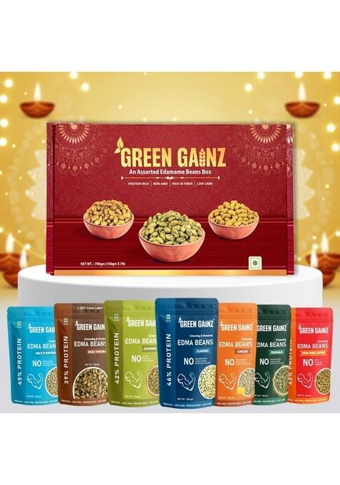 Green Gainz Edamame Beans All Flavour Gift Pack | Festival Healthy Namkeen Protein Rich Snacks High No Palm Oil (pack of 7-100gm each)