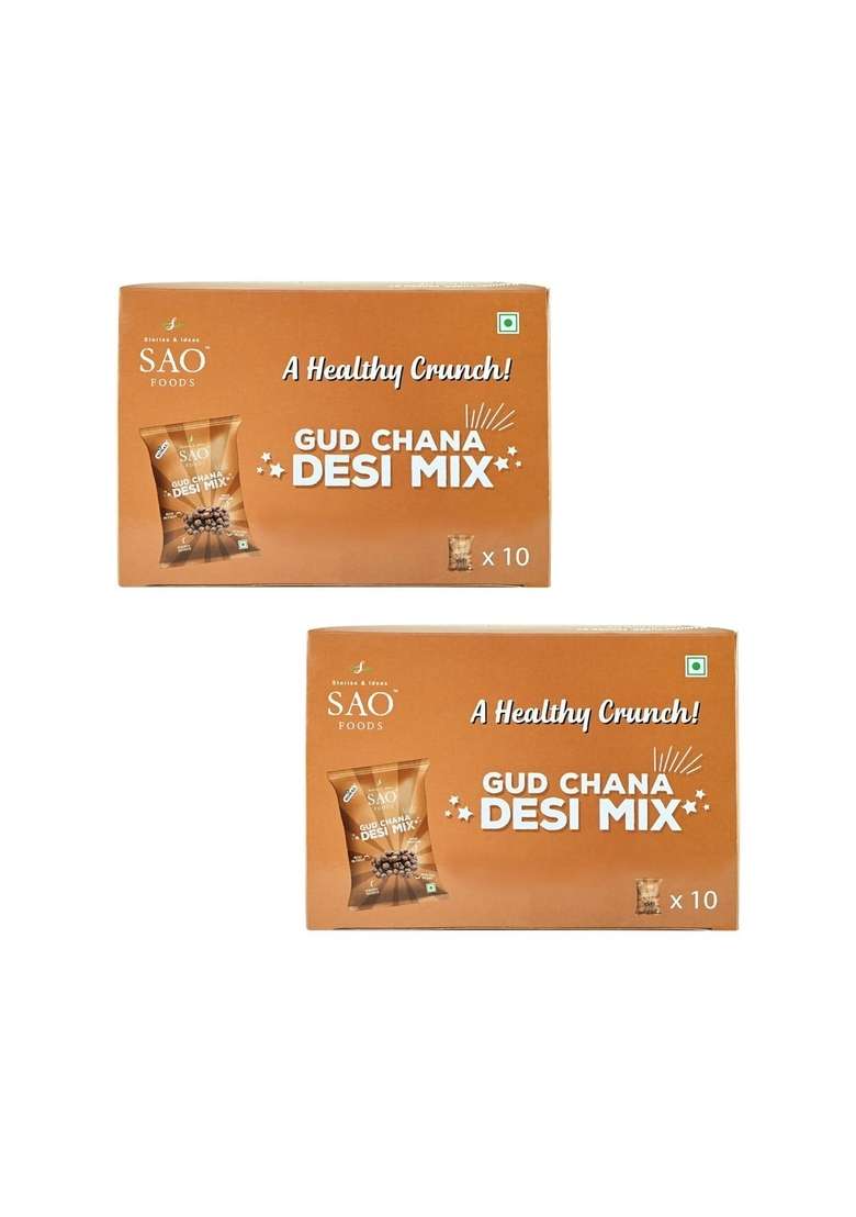 Stories & Ideas SAO Foods Gud Chana Desi Mix - 800g | 20 Small Packs in 2 Boxes Healthy Snacks for Kids Adults Jaggery-Coated Chickpeas Anytime Snacking - Indya