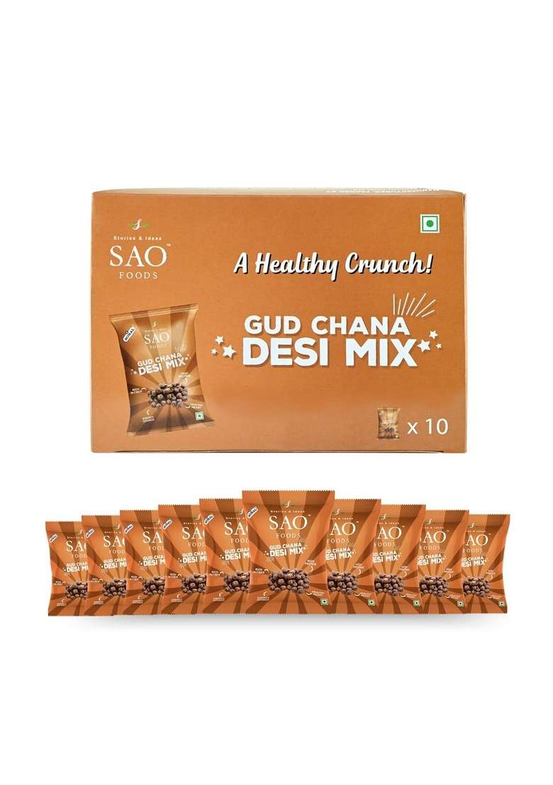 Stories & Ideas SAO Foods Gud Chana Desi Mix - 800g | 20 Small Packs in 2 Boxes Healthy Snacks for Kids Adults Jaggery-Coated Chickpeas Anytime Snacking - Indya