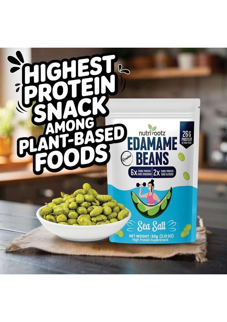 NUTRIROOTZ Roasted Edamame Beans | 26g PROTEIN Sea Salt Flavor Highest Super Snack Not Fried Keto Friendly Gluten Free Vegan Plant Based Healthy (60 G, Salt) - Indya